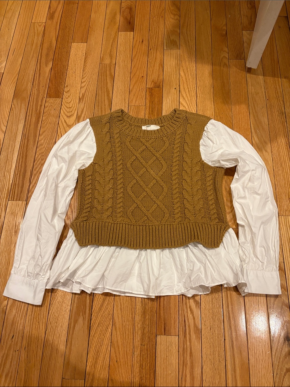 Anthropologie Olive Brown Cable Knit Cropped Vest with White Blouse Detail
